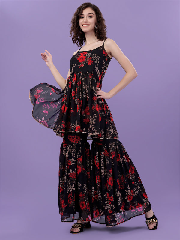 Floral Printed Georgette Kurta with Sharara and Dupatta