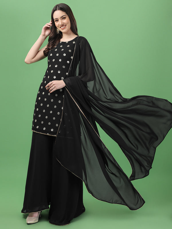 Women Black Ethnic Motifs Embroidered Sequinned Kurti with Sharara & With Dupatta(KS-CT-1000Buti-FS_03-Black)