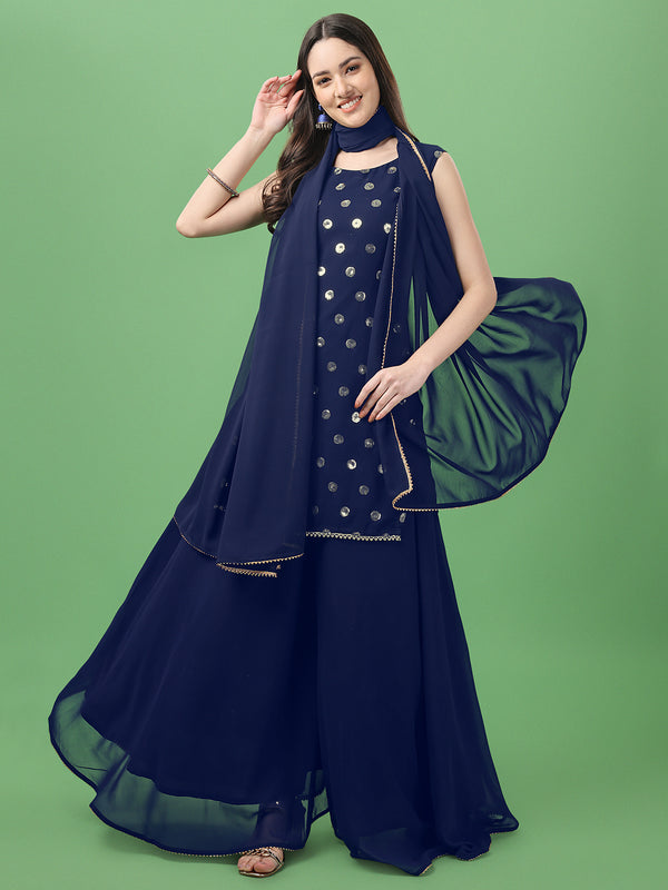 Women Black Ethnic Motifs Embroidered Sequinned Kurti with Sharara & With Dupatta(KS-CT-1000Buti-FS_03-NavyBlue)