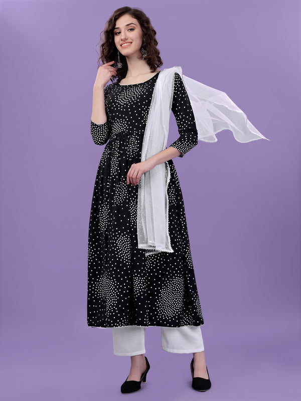 Black & White Polka Dot Printed Kurta Set with Dupatta