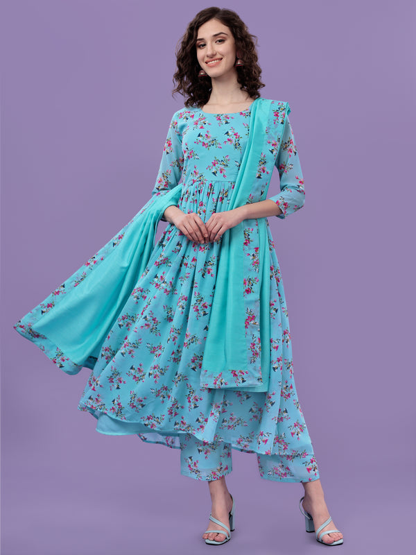 Aspora Pore Georgette Floral Printed Kurta With Plazzo & Dupatta Readymade Set