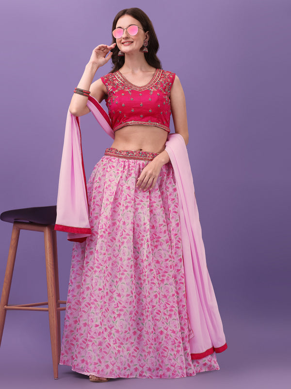 Pink & Grey Embroidered Semi-Stitched Lehenga & Unstitched Blouse With Dupatta(LHG-CT-FA_04-BabyPink)