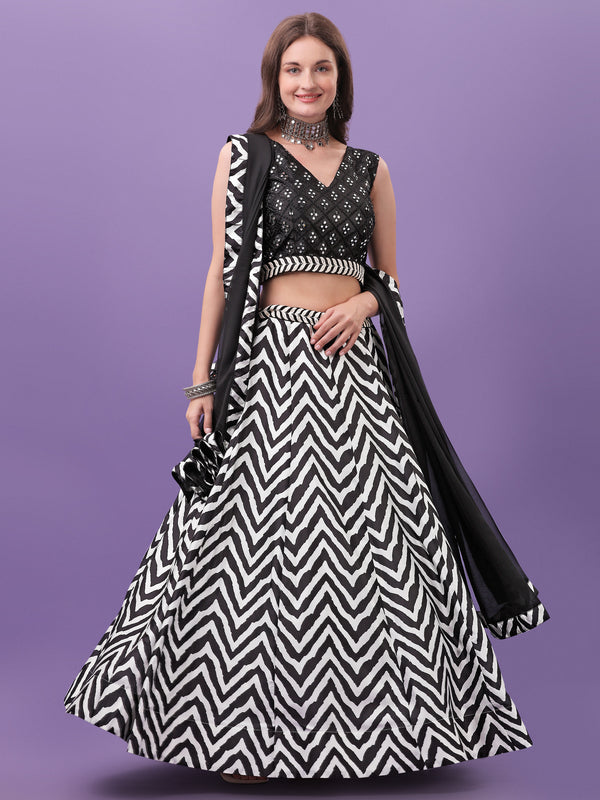 Black & White Embellished Mirror Work Lehenga & Unstitched Blouse With Dupatta(FKP_07-Kiara-Black)