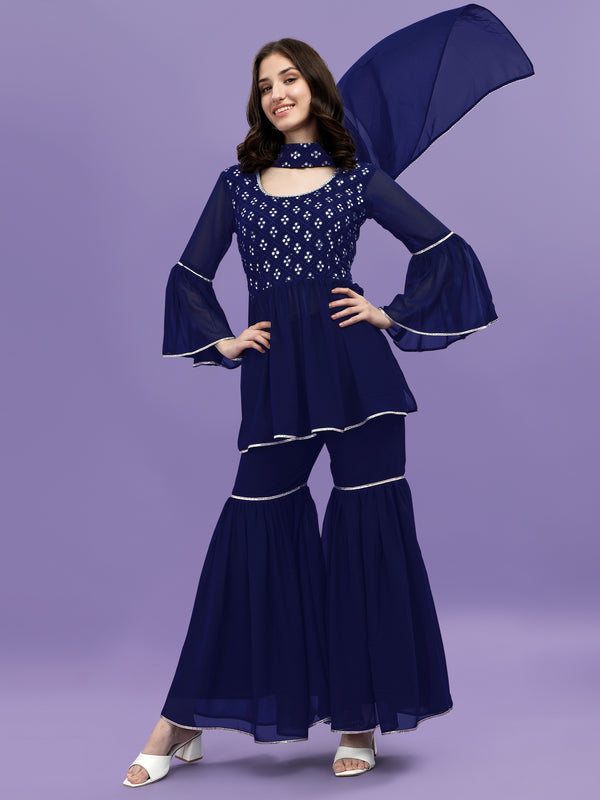 Aspora Women's NavyBlue Georgette Embroidered Kurta with Sharara and Dupatta Set