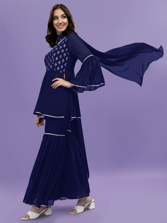 Aspora Women's NavyBlue Georgette Embroidered Kurta with Sharara and Dupatta Set