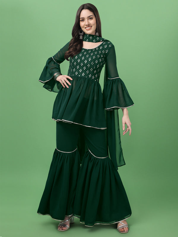 Women Green Embroidered Pleated Gotta Patti Kurti with Sharara & With Dupatta(SHRR-CT-KSK-FS_01-Green)