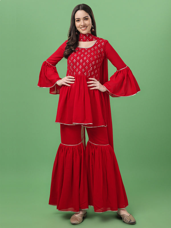 Women Green Embroidered Pleated Gotta Patti Kurti with Sharara & With Dupatta(SHRR-CT-KSK-FS_01-Red)