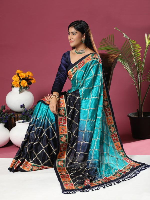 Aspora Women's Blue And Gold Toned Checked Zari Embroidered Heavy Work Patola Saree