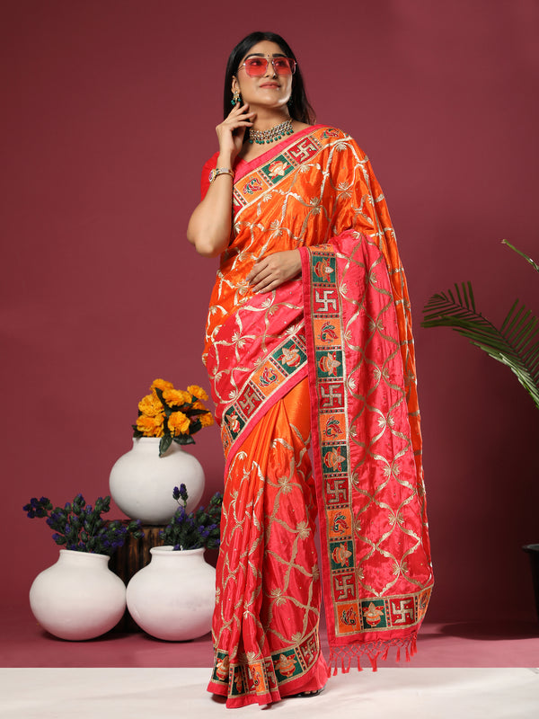 Aspora Women's Orange & Pink Ethnic Motifs Zari Silk Blend Heavy Work Patola Saree