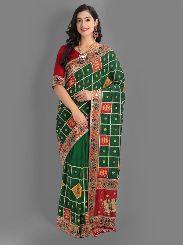 Aspora Women's Green And Red Checked Zari Embellished Heavy Work Patola Saree(SR-COB-Panetar-101-Green)