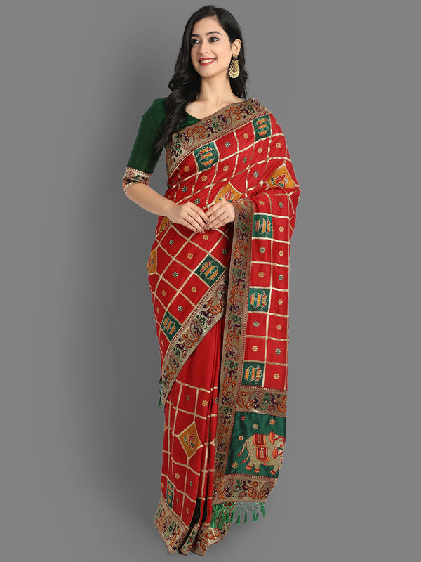 Aspora Women's Red & Green Checked Zari Silk Blend Heavy Work Patola Saree(SR-COB-Panetar-102-Red)