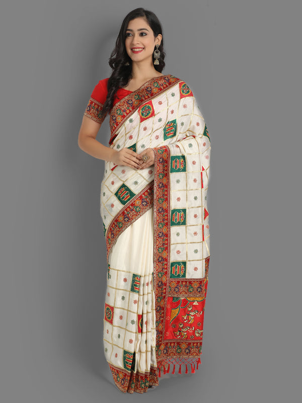 Aspora Women's White & Red Checked Beads and Stones Silk Blend Heavy Work Patola Saree(SR-COB-Panetar-103-White)