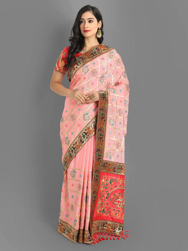 Aspora Women's Pink & Gold-Toned Checked Zari Silk Blend Heavy Work Patola Saree