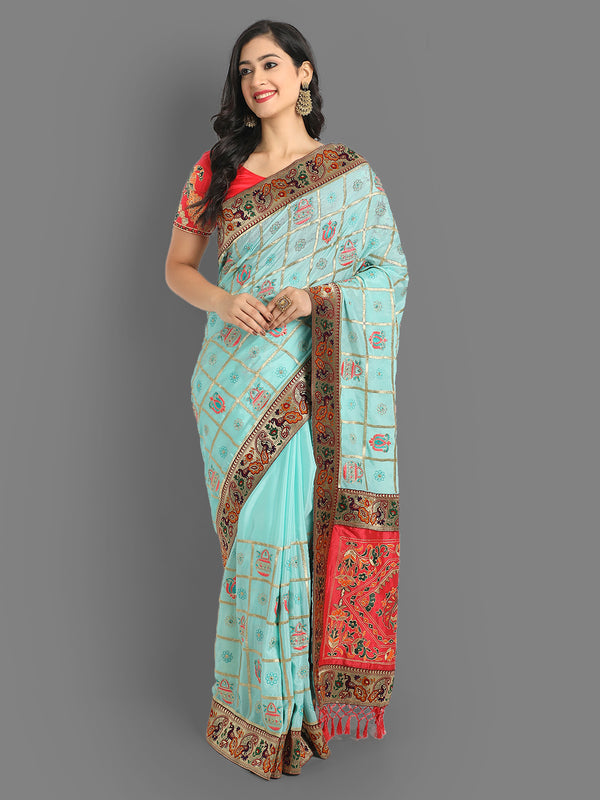 Aspora Women's Blue And Pink Checked Zari Embroidered Heavy Work Patola Saree