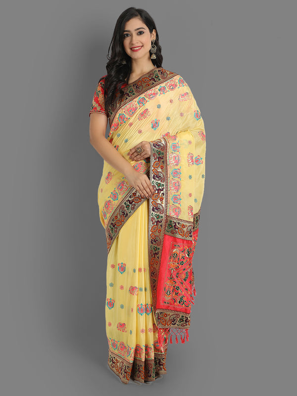 Aspora Women's Yellow & Red Floral Beads and Stones Silk Blend Heavy Work Patola Saree