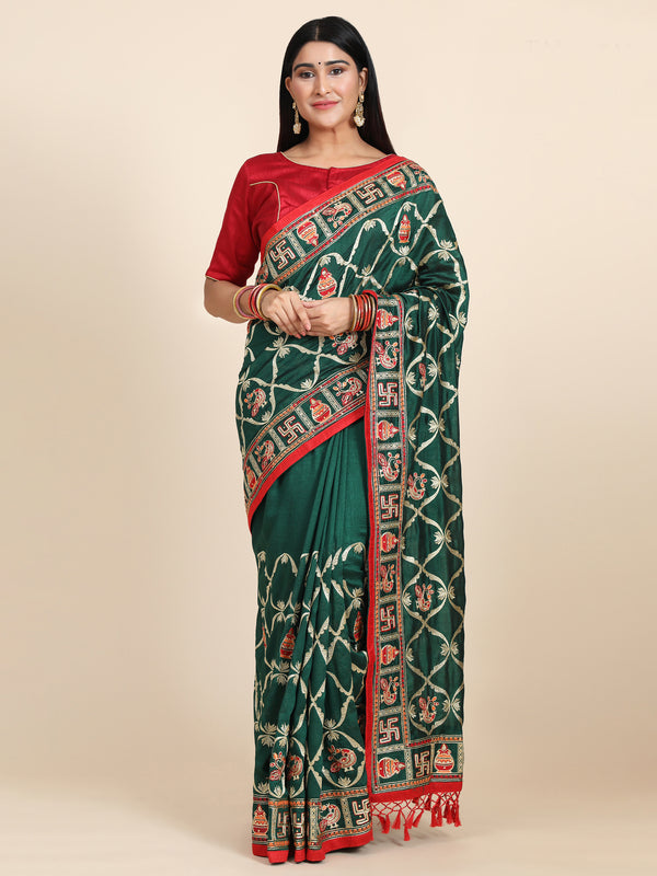 Aspora Women's Green & Red Ethnic Motifs Embroidered Silk Blend Heavy Work Patola Saree