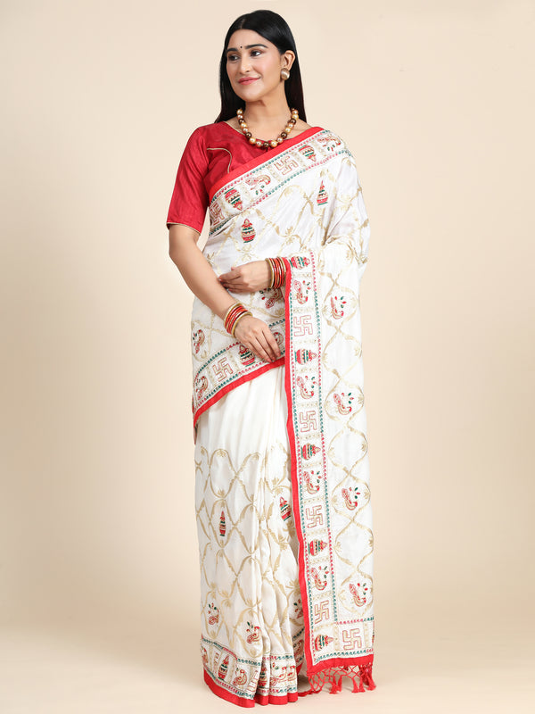 Aspora Women's White And Red Kalamkari Woven Design Embroidered Border Heavy Work Patola Saree