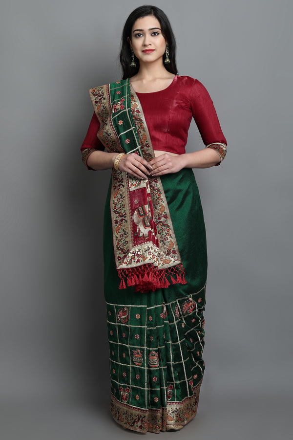 Aspora Women Green & Maroon Ethnic Motifs Pure Silk Heavy Work Kanjeevaram Saree(SR-SC-Kanika-101)