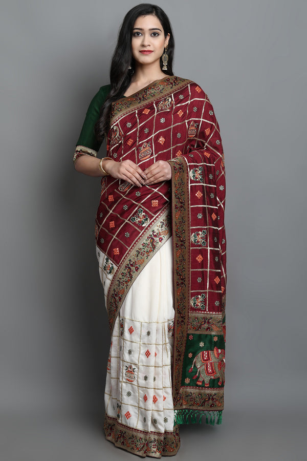 Aspora Women White & Maroon Ethnic Motifs Pure Silk Heavy Work Kanjeevaram Saree(SR-SC-Kanika-104)