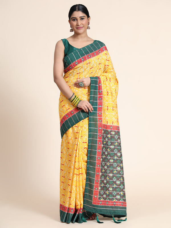 Aspora Women's Yellow & Green Ethnic Motifs Jamdani Saree(SR-SC-Kriva-118)