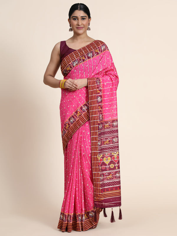 Aspora Women Pink & White Warli Fusion Jamdani Saree(SR-SC-Kriva-119)