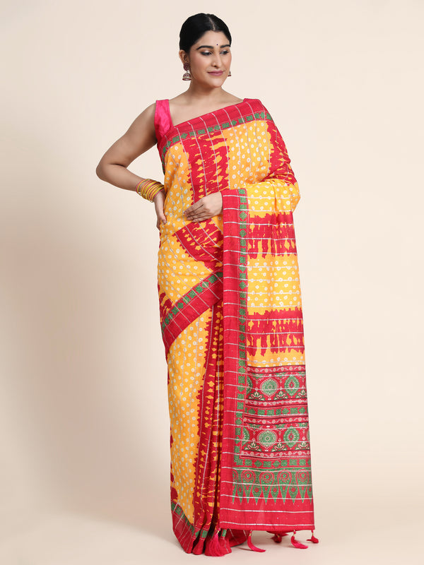 Aspora Women's & Yellow Ethnic Motifs Fusion Jamdani Saree(SR-SC-Kriva-120)