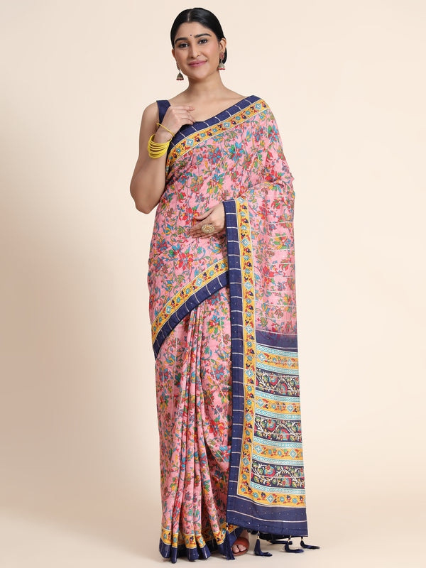 Aspora Women Pink & Yellow Floral Digital Printed Fusion Jamdani Saree(SR-SC-Kriva-121)