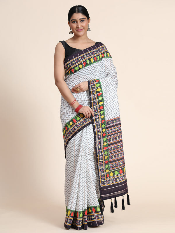 Aspora Women's White & Black Ethnic Motifs Fusion Jamdani Saree(SR-SC-Kriva-122)