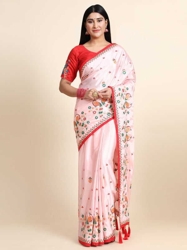 Aspora Women Pink & Red Ethnic Motifs Pure Crepe Heavy Work Banarasi Saree(SR-SC-Kumkum-101)