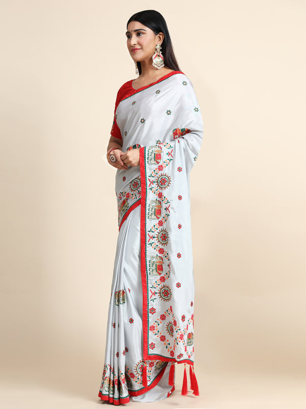 Aspora Women's Grey & Red Ethnic Motifs Pure Crepe Heavy Work Banarasi Saree(SR-SC-Kumkum-104)