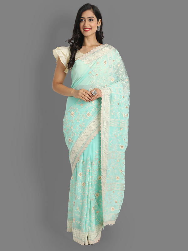 Aspora Women's Women Blue & Off White Lucknowi Embroidered Pure Georgette Heavy Work Gadwal Saree(SR-SC-Lakhnavi_1-Blue)