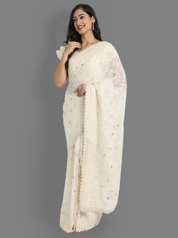 Aspora Women's Women Off White Lucknowi Embroidered Pure Georgette Heavy Work Gadwal Saree(SR-SC-Lakhnavi_1-Cream)