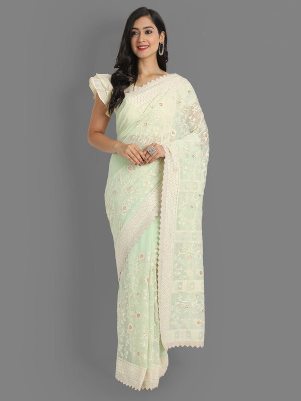 Aspora Women's Green Lucknowi Embroidered Pure Georgette Heavy Work Gadwal Saree(SR-SC-Lakhnavi_1-Green)