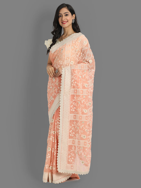 Aspora Women's Women Orange & White Floral Embroidered Pure Georgette Heavy Work Gadwal Saree(SR-SC-Lakhnavi_1-Orange)