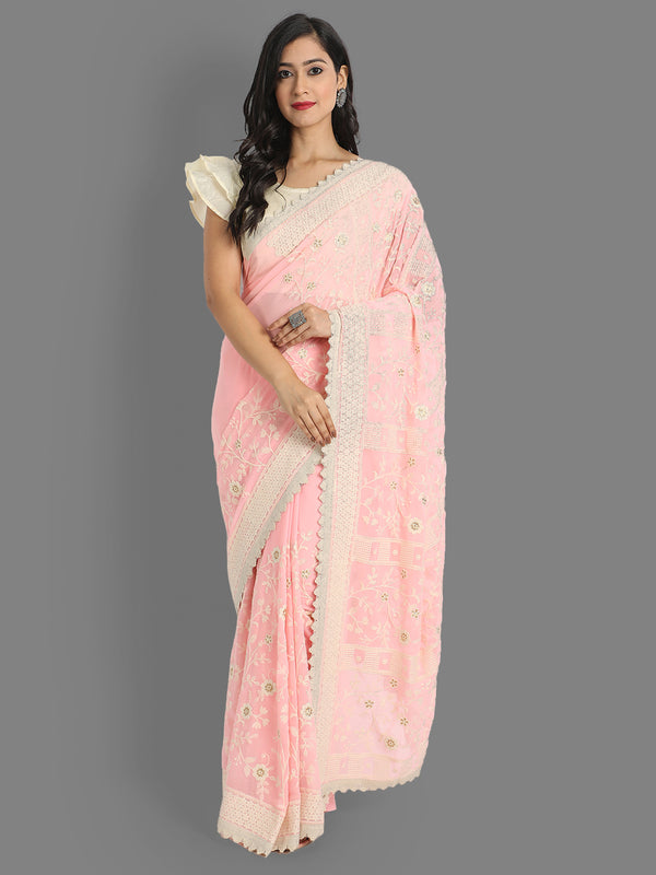 Aspora Women's Pink & White Floral Embroidered Pure Georgette Heavy Work Gadwal Saree(SR-SC-Lakhnavi_1-Pink)