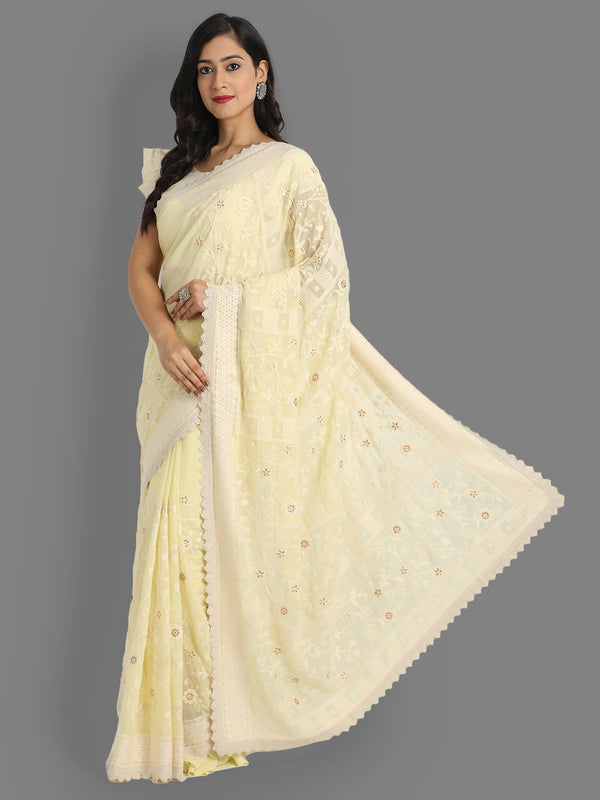 Aspora Women's Women Yellow & White Floral Lucknowi Embroidered Pure Georgette Heavy Work Saree(SR-SC-Lakhnavi_1-Yellow)