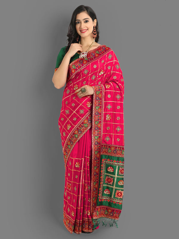 Aspora Women's Pink & Green Ethnic Motifs Pure Silk Heavy Work Maheshwari Saree(SR-SC-Niva-111-Pink)