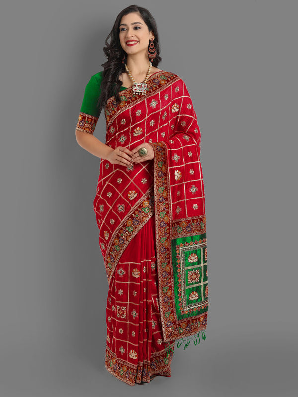 Aspora Women Red & Green Ethnic Motifs Pure Silk Heavy Work Maheshwari Saree(SR-SC-Niva-112-Red)