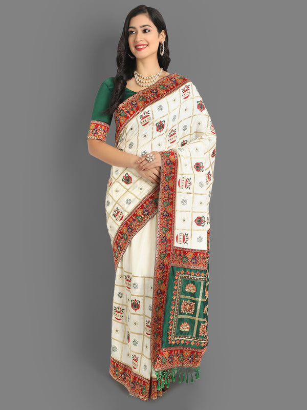 Aspora Women's Women White & Red Ethnic Motifs Pure Silk Heavy Work Maheshwari Saree( SR-SC-Niva-114-White)