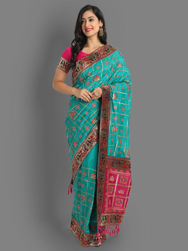 Aspora Women's Women Blue & Pink Checked Embroidered Pure Silk Heavy Work Maheshwari Saree(SR-SC-Niva-115-Firozi)