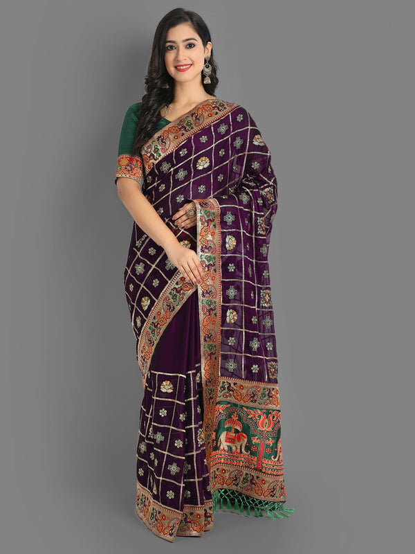 Aspora Women's Women Purple & Green Ethnic Motifs Pure Silk Heavy Work Maheshwari Saree( SR-SC-Niva-116-Purple